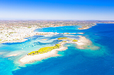 Aerial view of Porto Cesareo coastal town washed by the clear sea, Lecce province, Salento, Apulia, Italy, Europe