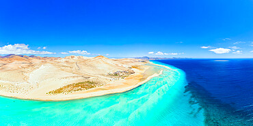 Aerial view of desert landscape of Jandia Nature Park washed by crystal sea, Costa Calma, Fuerteventura, Canary Islands, Spain, Atlantic, Europe