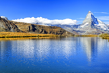 The Matterhorn reflected in Stellisee, Zermatt, Canton of Valais, Pennine Alps, Swiss Alps, Switzerland, Europe