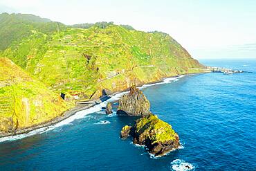 Aerial view of sea stack rocks of Ilheus da Rib and Ribeira da Janela and coastline, Porto Moniz, Madeira island, Portugal, Atlantic, Europe