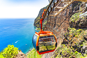 Cable car descending the steep ravine down to the sea, Camara de Lobos, Madeira island, Portugal, Atlantic, Europe