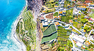 Terraced green fields by the turquoise ocean from above, Camara de Lobos, Madeira island, Portugal, Atlantic, Europe