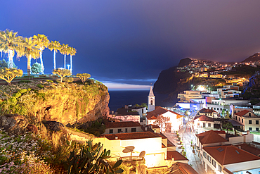 Old town of Camara de Lobos and cliffs at dusk, Madeira island, Portugal, Atlantic, Europe