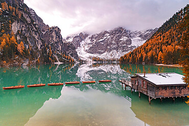 Lake Braies (Pragser Wildsee) framed by colorful woods in autumn, Braies (Prags), Bolzano province, South Tyrol, Italy, Europe