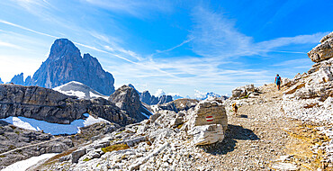 Hiker woman with dog walking on path to the majestic mountain Croda dei Toni in summer, Sesto Dolomites, South Tyrol, Italy, Europe