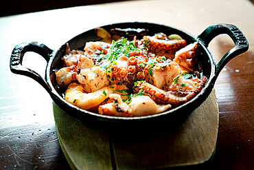 Octopus and shrimps in casserole, Fuerteventura, Canary Islands, Spain, Europe