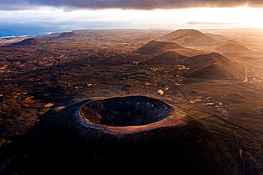 Aerial view of volcanoes and craters with the Atlantic Ocean in the background, Corralejo, Fuerteventura, Canary Islands, Spain, Atlantic, Europe