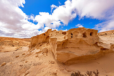 Sandstone rock formation eroded by wind, Barranco de los Encantados (Barranco de los Enamorados), Fuerteventura, Canary Islands, Spain, Atlantic, Europe