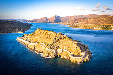 Aerial view of Spinalonga island Venetian fortress and Mirabello bay at dawn, Lasithi prefecture, Crete, Greek Islands, Greece, Europe