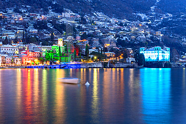 Fairy tale village of Gravedona illuminated with Christmas Lights during a snowy winter, Gravedona, Lake Como, Lombardy, Italian Lakes, Italy, Europe