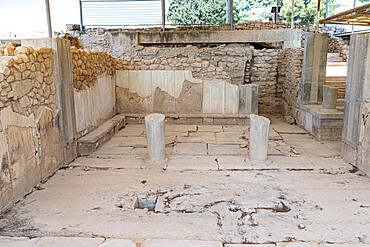 Ancient stone flooring and columns in the royal apartment of Phaistos Palace and archaeological site, Crete, Greek Islands, Greece, Europe