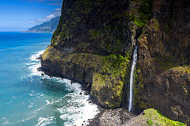 Flowing water of Bridal Veil Fall cascading from rocks, Seixal, Madeira island, Portugal, Atlantic, Europe