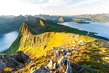 Person hiking on Husfjellet mountain at dawn, Senja island, Troms county, Norway, Scandinavia, Europe