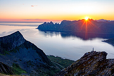 Person admiring the fjord at dawn standing on top of Husfjellet mountain, Senja island, Troms county, Norway, Scandinavia, Europe