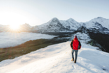 Man in the snow admiring Eiger, Monch and Jungfrau peaks at dawn, Mannlichen, Jungfrau Region, Bern Canton, Swiss Alps, Switzerland, Europe