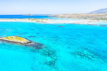 Aerial view of the blue sea surrounding Elafonisi beach, Crete island, Greek Islands, Greece, Europe