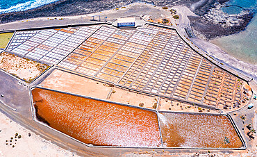 Aerial view of the salt flats of Salinas Del Carmen, Fuerteventura, Canary Islands, Spain, Atlantic, Europe