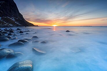 Uttakleiv beach at sunset, Vestvagoy, Nordland county, Lofoten Islands, Norway