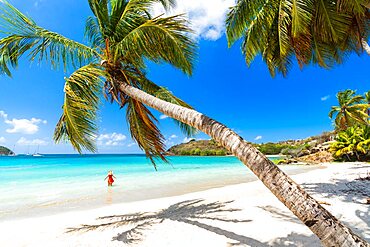 Cheerful woman sunbathing in the crystal Caribbean sea, Antigua, Leeward Islands, West Indies