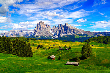 Mountain huts in the green pastures at foot of Sassolungo and Sassopiatto in spring, Seiser Alm, Dolomites, South Tyrol, Italy, Europe