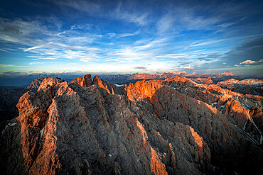 Aerial view of Puez Odle, Furchetta and Sass Rigais at sunset, Dolomites, South Tyrol, Italy, Europe