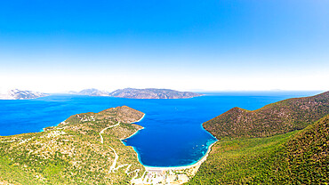 Green lush plants on cliffs surrounding the scenic Antisamos beach, overhead view, Kefalonia, Ionian Islands, Greek Islands, Greece, Europe