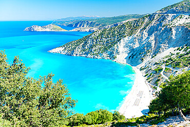 High angle view of Myrtos beach and the crystal clear sea in summer, Kefalonia, Ionian Islands, Greek Islands, Greece, Europe