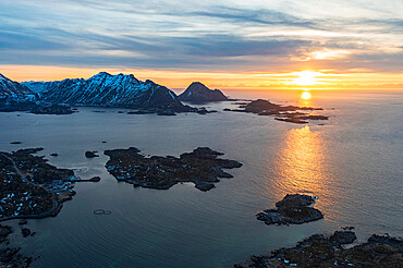 Aereal view of sunrise over mountains and Arctic sea, Leknes, Nordland county, Lofoten Islands, Norway, Scandinavia, Europe