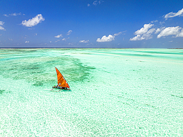 Aerial view of a dhow sailing in the transparent lagoon, Paje, Jambiani, Zanzibar, Tanzania, East Africa, Africa