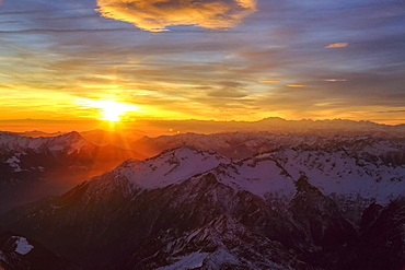 Aerial view of Masino Valley at sunset, Valtellina, Lombardy, Italy, Europe