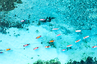 Aerial view of anchored boats in the exotic lagoon, Zanzibar, Tanzania, East Africa, Africa