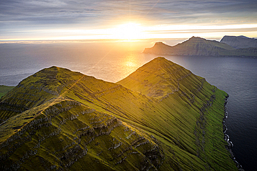 Sunrise over Kalsoy Island and Funningur fjord, aerial view, Eysturoy Island, Faroe Islands, Denmark, Europe