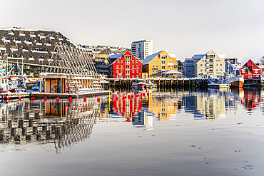 Colorful houses by the harbor mirrored in the cold sea at dawn, Tromso, Norway, Scandinavia, Europe