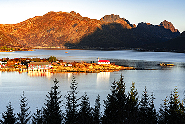 High angle view of Sildpollnes church on islet along Austnesfjorden, Svolvaer, Lofoten Islands, Nordland, Norway, Scandinavia, Europe