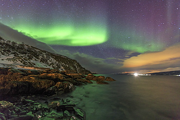 Northern Lights on the icy sea of Svensby, Lyngen Alps, Troms, Lapland, Norway, Scandinavia, Europe