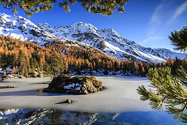 Autumn reflections at Saoseo Lake still partially frozen, Poschiavo Valley, Canton of Graubuenden, Switzerland, Europe