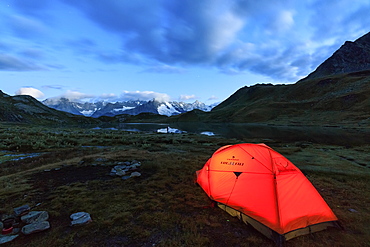 Lights of a tent around Fenetre Lakes at dusk, Ferret Valley, Saint Rhemy, Grand St Bernard, Aosta Valley, Italy, Europe