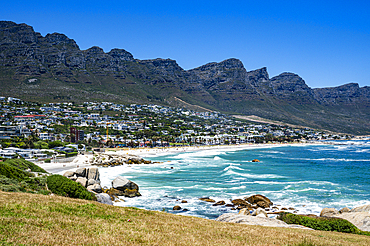 Fine sand beach under the Twelve Apostles, Camps Bay, Cape Town, South Africa, Africa