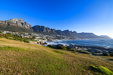 Fine sand beach under the Twelve Apostles, Camps Bay, Cape Town, South Africa, Africa