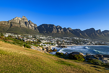 Fine sand beach under the Twelve Apostles, Camps Bay, Cape Town, South Africa, Africa