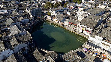 Aerial of Hongcun historical village, UNESCO World Heritage Site, Huangshan, Anhui, China, Asia