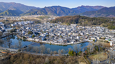 Aerial of Hongcun historical village, UNESCO World Heritage Site, Huangshan, Anhui, China, Asia