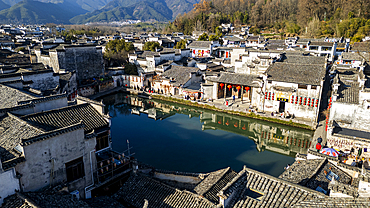 Aerial of Hongcun historical village, UNESCO World Heritage Site, Huangshan, Anhui, China, Asia