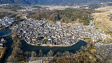 Aerial of Hongcun historical village, UNESCO World Heritage Site, Huangshan, Anhui, China, Asia