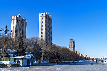 High rise buildings on the Amur river banks, Heihe, Heilongjiang, China, Asia