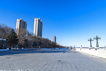 High rise buildings on the Amur river banks, Heihe, Heilongjiang, China, Asia