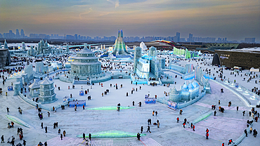 Aerial of the Illuminated buildings made out of ice, Ice International Ice and Snow Sculpture Festival, Harbin, Heilongjiang, China, Asia