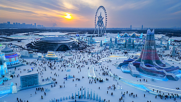 Aerial of the Illuminated buildings made out of ice, Ice International Ice and Snow Sculpture Festival, Harbin, Heilongjiang, China, Asia