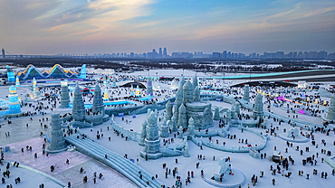 Aerial of the Illuminated buildings made out of ice, Ice International Ice and Snow Sculpture Festival, Harbin, Heilongjiang, China, Asia