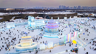 Aerial of the Illuminated buildings made out of ice, Ice International Ice and Snow Sculpture Festival, Harbin, Heilongjiang, China, Asia